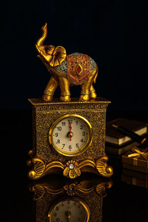 Dekoratif Gold Fil Figürlü Masa Saati – 19 cm | Şık Ev & Ofis Aksesuarı