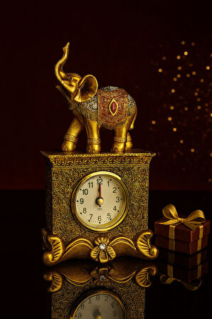 Dekoratif Gold Fil Figürlü Masa Saati – 19 cm | Şık Ev & Ofis Aksesuarı