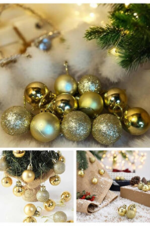 Noel Çam Ağacı Süsü 12’li Parlak Simli Altın Renkli Top Süsler YeniYıl Yılbaşı Çam Ağacı Süsleri 4Cm