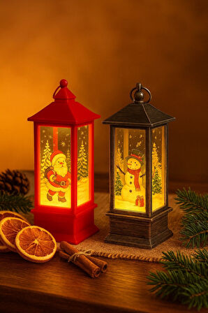 Yeni Yıl Noel Temalı 2 Li Set Işıklı Yılbaşı Feneri Noel Baba Kardan Adam Figürlü Kandili Fener 14Cm