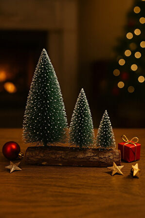 Hoşgeldin Yeni Yıl 3’lü Mini Kar Efektli Ahşap Kütük Üstünde Mini Noel Çam Ağacı Seti 16 – 11– 10 Cm