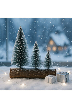 Hoşgeldin Yeni Yıl 3’lü Mini Kar Efektli Ahşap Kütük Üstünde Mini Noel Çam Ağacı Seti 16 – 11– 10 Cm