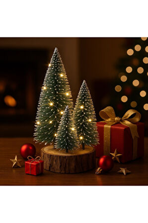 Ahşap Kütük Üzerinde 4’lü LED Işıklı Noel Kar Efektli Çam Ağaçları Seti 23 Cm - 18 Cm - 12 Cm -13 Cm