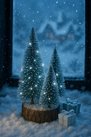 Ahşap Kütük Üzerinde 4’lü LED Işıklı Noel Kar Efektli Çam Ağaçları Seti 23 Cm - 18 Cm - 12 Cm -13 Cm