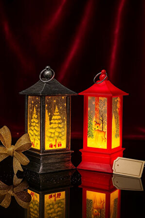 Yeni Yıl Noel Temalı 2 Li Set Işıklı Yılbaşı Feneri Çam Ağacı & Bambi Figürlü Kandili Fener 14 Cm