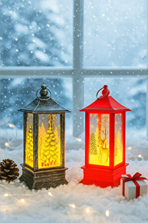 Yeni Yıl Noel Temalı 2 Li Set Işıklı Yılbaşı Feneri Çam Ağacı & Bambi Figürlü Kandili Fener 14 Cm