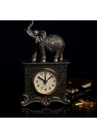 Fil Figürlü Zarif Masa Saati Bolluk Şans Simgesi Kırmızı Taş Detaylı Gri Renkli Fil Masa Saati 19 cm
