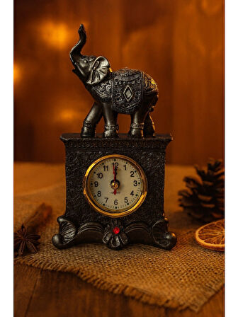 Fil Figürlü Zarif Masa Saati Bolluk Şans Simgesi Kırmızı Taş Detaylı Gri Renkli Fil Masa Saati 19 cm
