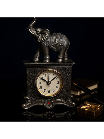 Fil Figürlü Zarif Masa Saati Bolluk Şans Simgesi Kırmızı Taş Detaylı Gri Renkli Fil Masa Saati 19 cm