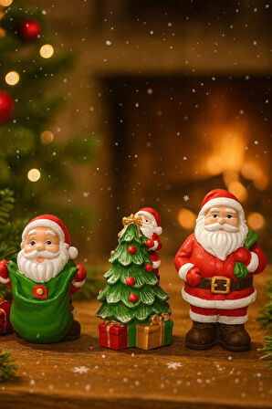 3’lü Noel Baba ve Çam Ağacı Dekor Seti – Premium Yeni Yıl Süsleri  Yılbaşı Dekoru 10 cm