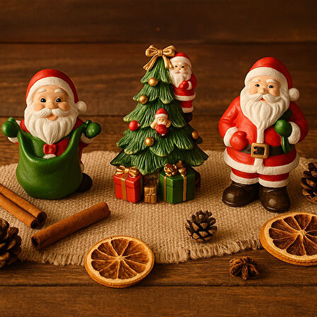 3’lü Noel Baba ve Çam Ağacı Dekor Seti – Premium Yeni Yıl Süsleri  Yılbaşı Dekoru 10 cm