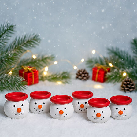 6’lı Kardan Adam Figürlü Mini Tealight Mumluk Seti – El Boyaması Seramik Yeni Yıl Dekoru 5x5 cm