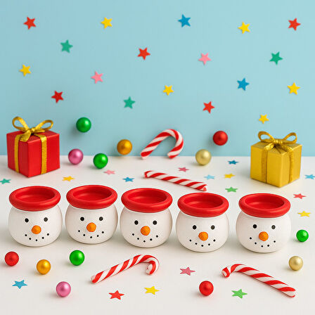 6’lı Kardan Adam Figürlü Mini Tealight Mumluk Seti – El Boyaması Seramik Yeni Yıl Dekoru 5x5 cm