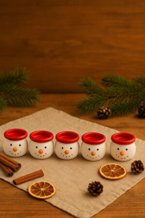 6’lı Kardan Adam Figürlü Mini Tealight Mumluk Seti – El Boyaması Seramik Yeni Yıl Dekoru 5x5 cm
