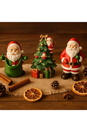 YeniYıl Ruhunu Yansıtan 3’lü Yılbaşı Noel Baba Biblo Seti Masa Figürleri Ev Ofis Vitrin Dekoru 10 Cm