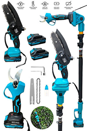 21V Profesyonel 3'lü Set Çift Akülü Teleskopik Kollu Bağ Makası & Budama Testeresi