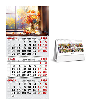 2026 Yılı Gemici Takvimi ve Masa Takvimi- Vazoda Rengarenk Çiçekler