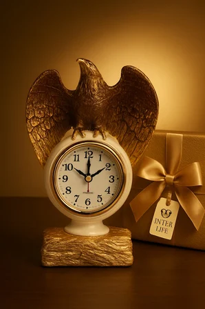 Kartal Figürlü Gold - Beyaz  Masa Saati – 21x13 cm, Premium Koleksiyon Dekor  Ev Ofis Hediyesi