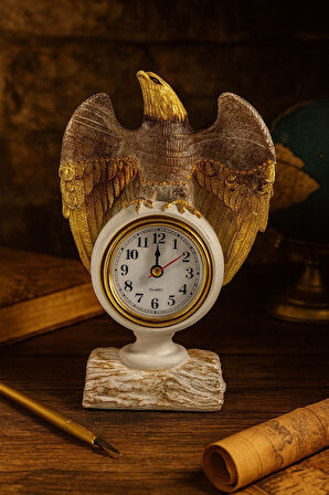 Çalışma Alanınıza Şıklık Katan Güçlü İhtişamlı Beyaz - Altın Renkli Kartal Masa Saati Biblo 21x13 Cm