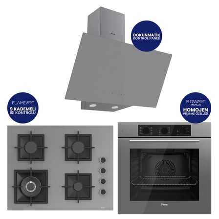 Flowart Turbolu Silentart Gri Cam Ankastre Set ( 65 CM Woklu OCAK ) QBL62CPR+SC408-WFA+D079SA