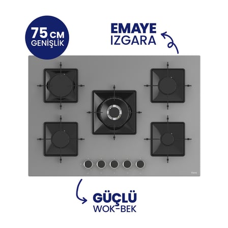 Flowart Turbolu 5 Gözlü Silentart Gri Cam Ankastre Set QBL62CPR+SS038+D082-SA
