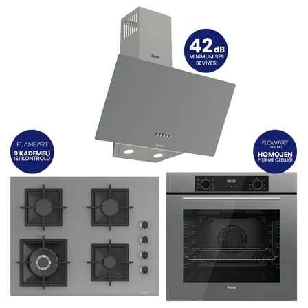 FlowArt Digital Gri Cam Ankastre Set ( 65 CM Woklu OCAK ) QBL63CPR+SC408-WFA+D088SA