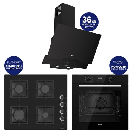 FlowArt Digital Siyah Cam Ankastre Set ( Kaymaz Döküm Izgara ) QBL63CS+SC205-FA+D063-SA