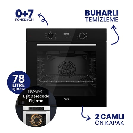 FlowArt Digital Siyah Cam Ankastre Set ( Kaymaz Döküm Izgara ) QBL63CS+SC205-FA+D077-SA