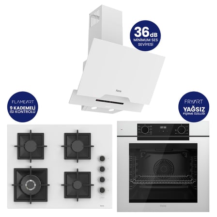 Fryart Digital Beyaz Cam Ankastre Set ( 65 CM Woklu OCAK ) QEP63CB+SC406-WFA+D064-SA