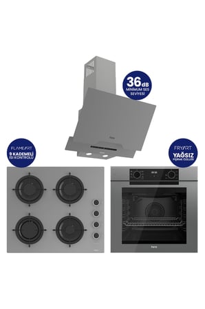 Fryart Gri Cam Ankastre Set | 9 Kademe Ocak | 7 Fonksiyon Fırın | 36 dB Sessiz