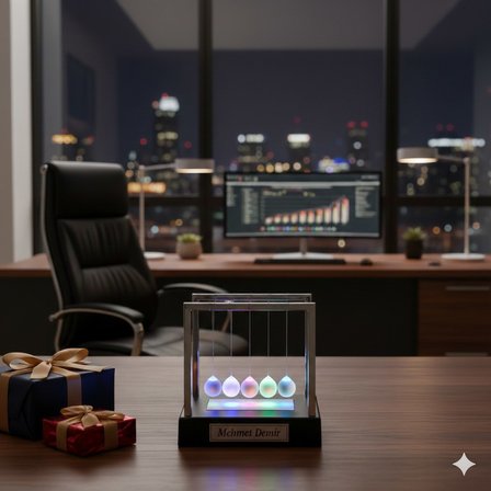 İsime Kişiye Özel Ofis Masa Dekoru ​​​​5 Toplu Renkli LED Işıklı Newton Denge Topu Dekoratif Hediye