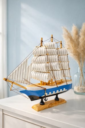 Dekoratif Premium Ahşap El Yapımı Yelkenli Gemi Maketi Ev Ofis Masa Üstü Biblo 24 x 24 CM MAVİ 529-C