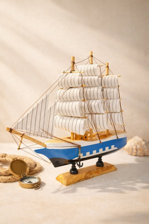 Dekoratif Premium Ahşap El Yapımı Yelkenli Gemi Maketi Ev Ofis Masa Üstü Biblo 24 x 24 CM MAVİ 529-C