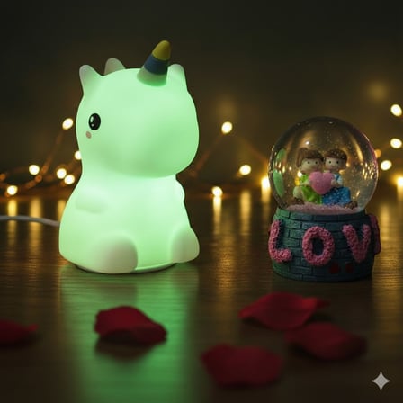 2 li Sevgiliye Romantik Hediye Seti Unicorn Çok Renkli LED Gece Lambası ve 9 Cm LOVE Kar Küresi Seti