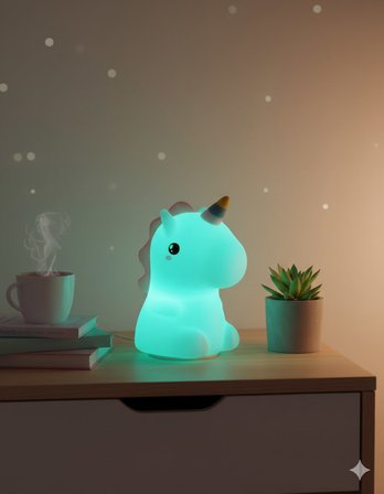 2 li Sevgiliye Romantik Hediye Seti Unicorn Çok Renkli LED Gece Lambası ve 9 Cm LOVE Kar Küresi Seti