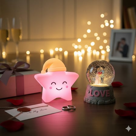 2 li Sevgiliye Romantik Hediye Seti Slikon Yıldız Renkli LED Gece Lambası ve 9Cm Love Kar Küresi Set