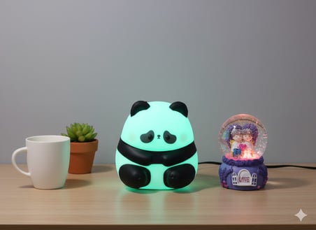 2 li Sevgiliye Romantik Hediye Seti Slikon Panda Renkli LED Gece Lambası ve 9 Cm Mor Kar Küresi Set