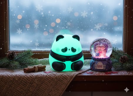 2 li Sevgiliye Romantik Hediye Seti Slikon Panda Renkli LED Gece Lambası ve 9 Cm Mor Kar Küresi Set