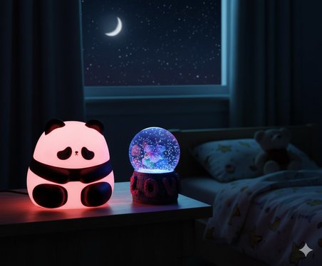 2 li Sevgiliye Romantik Hediye Seti Slikon Panda Renkli LED Gece Lambası ve 9 Cm Love Kar Küresi Set