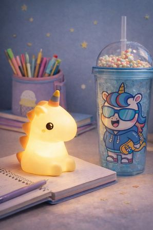 2 Li Set Işıklı Renkli Unicorn Figürlü Gece Lambası & Pipetli Boncuk Detaylı Suluk Bardak Mavi 450ML
