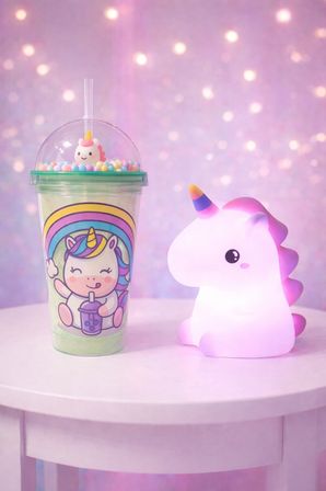 2'Li Set Işıklı Renkli Unicorn Figürlü Gece Lambası & Pipetli Boncuk Detylı Suluk Bardak Yeşil 450ML