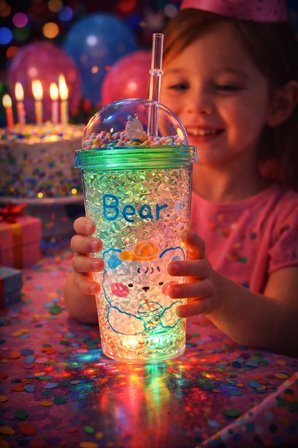 Bear Suluk Pipetli Buzlu Cam Görünümlü Led Işıklı 450 ML Çift Katman Mika 2093 Yeşil