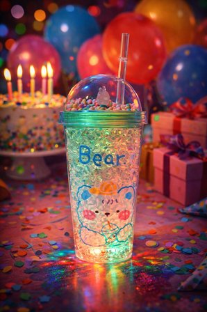 Bear Suluk Pipetli Buzlu Cam Görünümlü Led Işıklı 450 ML Çift Katman Mika 2093 Yeşil