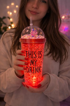 My Drink Temalı Led Işıklı Pipetli Suluk Buz Görünümlü 450 ML Çift Katman Mika Su Şişesi 2642 KRMZ
