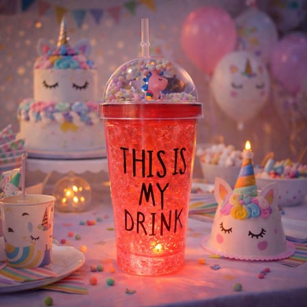 My Drink Temalı Led Işıklı Pipetli Suluk Buz Görünümlü 450 ML Çift Katman Mika Su Şişesi 2642 KRMZ