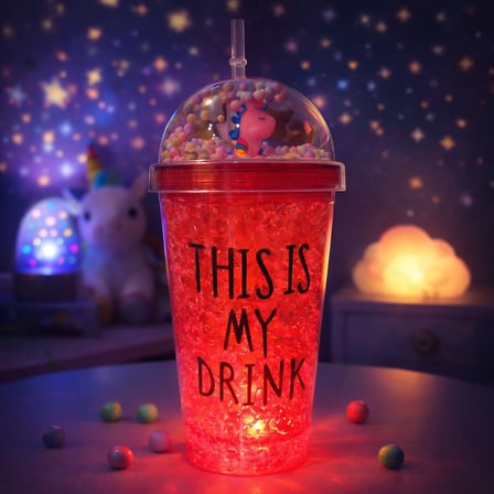 My Drink Temalı Led Işıklı Pipetli Suluk Buz Görünümlü 450 ML Çift Katman Mika Su Şişesi 2642 KRMZ