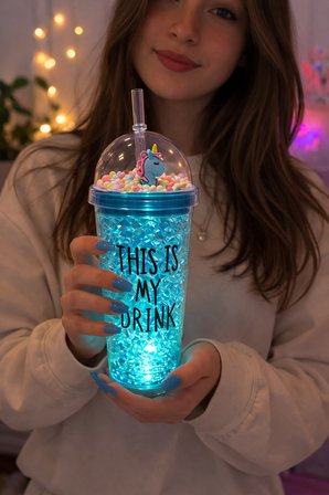 My Drink Temalı Led Işıklı Pipetli Suluk Buz Görünümlü 450 ML Çift Katman Mika Su Şişesi 2642 Mavi