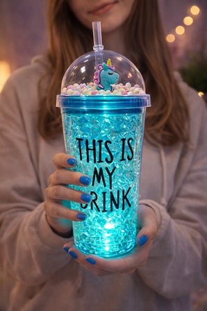 My Drink Temalı Led Işıklı Pipetli Suluk Buz Görünümlü 450 ML Çift Katman Mika Su Şişesi 2642 Mavi