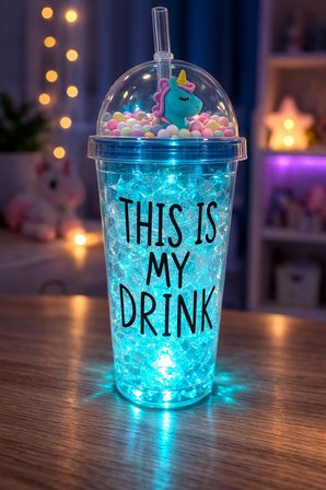 My Drink Temalı Led Işıklı Pipetli Suluk Buz Görünümlü 450 ML Çift Katman Mika Su Şişesi 2642 Mavi