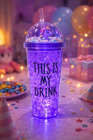 My Drink Temalı Led Işıklı Pipetli Suluk Buz Görünümlü 450 ML Çift Katman Mika Su Şişesi 2642 Mor